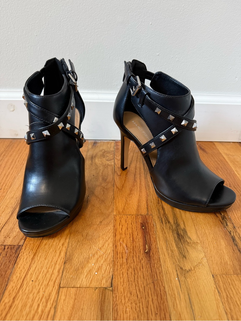Marc Fisher Black Studded Peep-Toe Ankle Booties